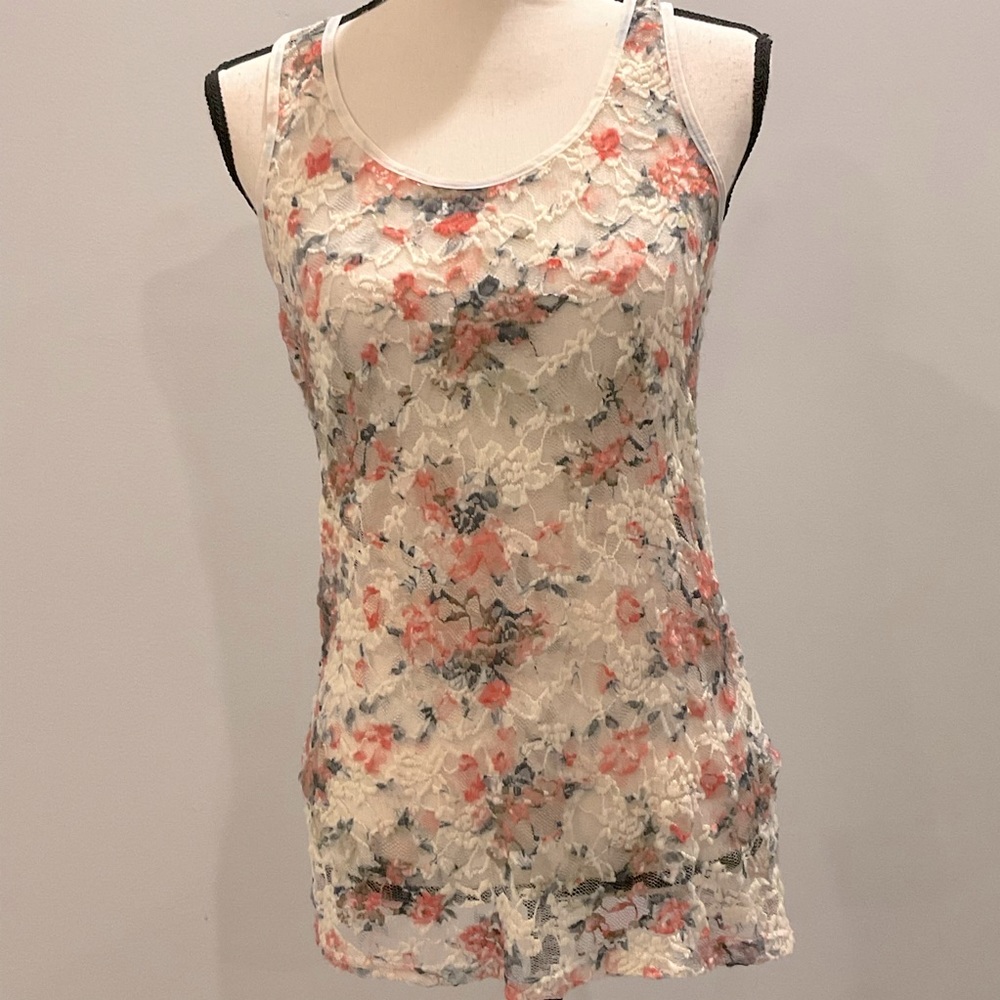 Feathers stretch sheer lace racerback tank top